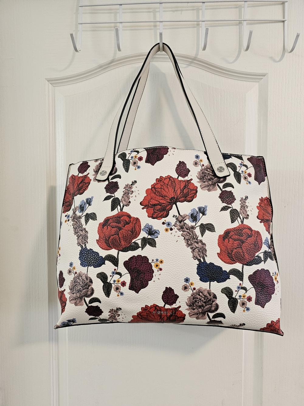 Fiorelli White Floral Tote Bag with Red Bloom Accents